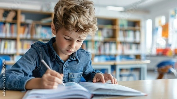 Obraz Young boy doing class work at a desk in a classroom