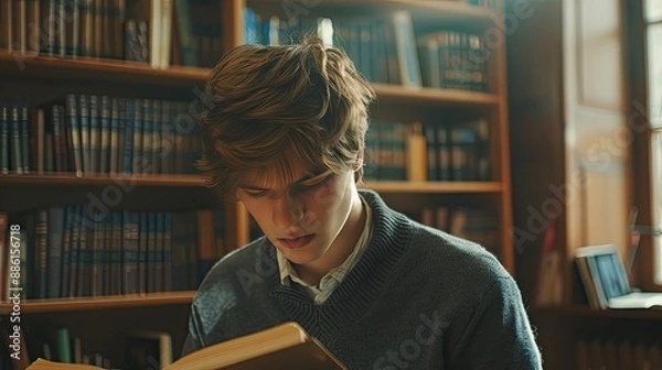 Obraz Young man student study in the school library