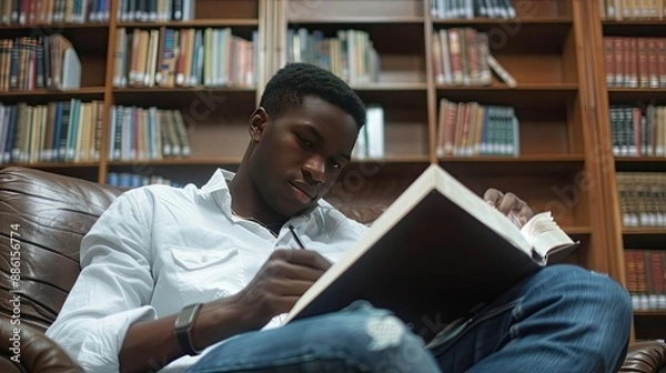 Obraz Young man student study in the school library