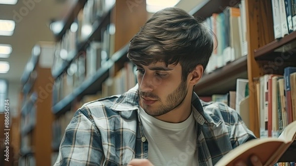 Obraz Young man student study in the school library