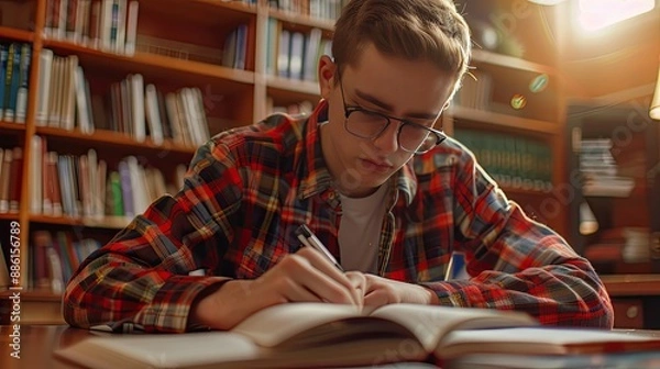 Obraz Young man student study in the school library