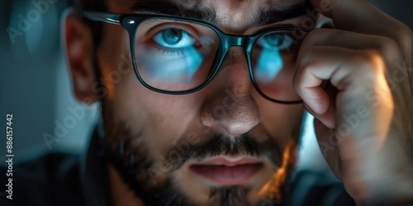 Obraz Fokussierter Mann mit Brille bei schwachem Licht