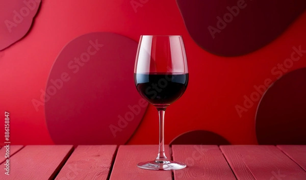 Fototapeta Glasses of red wine on a red abstract background, Red wine glass isolated on red background, Elegant glass of red wine