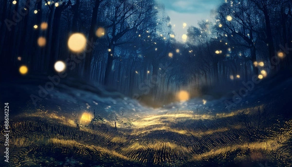 Obraz 반딧불이가 풍경을 비추는 숲속의 고요한 밤. 배경은 풍경의 부드러운 곡선을 보여주는 보케 효과로 매끄럽게 흐려집니다.