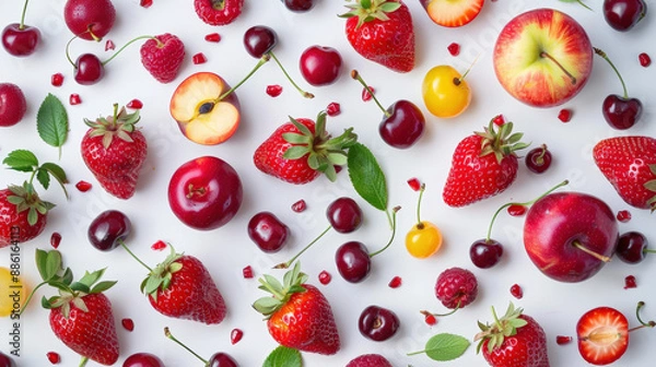 Fototapeta Seamless pattern with red berries, juicy strawberries, cherries, raspberries, blueberries, and cranberries on white background