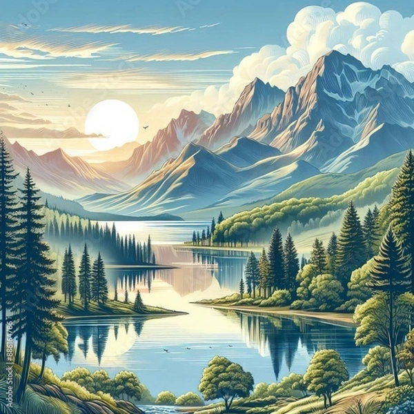 Fototapeta a painting of a mountain lake with a full moon in the background.