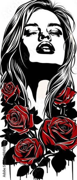 Fototapeta A woman with long hair is surrounded by red roses. The roses are arranged in a way that they are intertwined with the woman's hair, creating a beautiful and romantic scene. Concept of love and passion