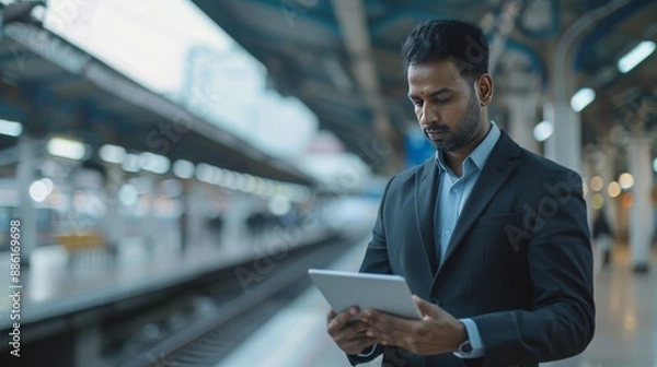 Fototapeta Confident Indian Businessman in Suit Using Tablet at Busy Metro Station Platform