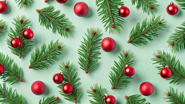 Fototapeta Seamless pattern of fir tree branches and red balls on a green Christmas background, fir tree, branches