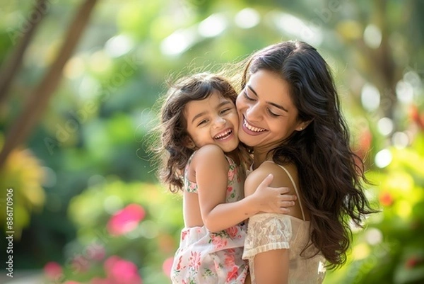 Fototapeta Indian Mother Holding and Laughing with Her Child in a Garden Setting