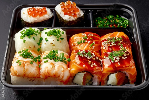 Fototapeta A tray of sushi with a variety of different types of sushi. The sushi is served in a black plastic container