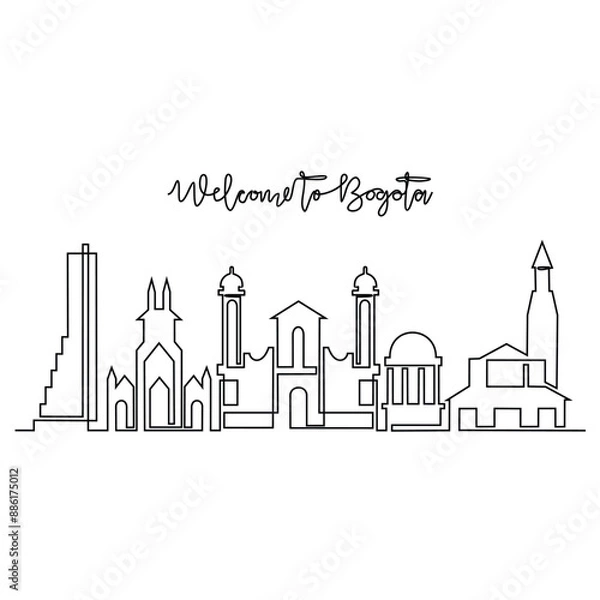 Fototapeta One continuous line drawing of Bogota skyline vector illustration. Modern city in South America in simple linear style vector design concept. Big city in Colombia. Iconic architectural building