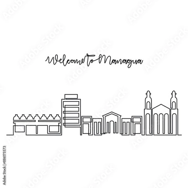 Fototapeta One continuous line drawing of Managua skyline vector illustration. Modern city in Central America in simple linear style vector design concept. Big city in Nicaragua. Iconic architectural building