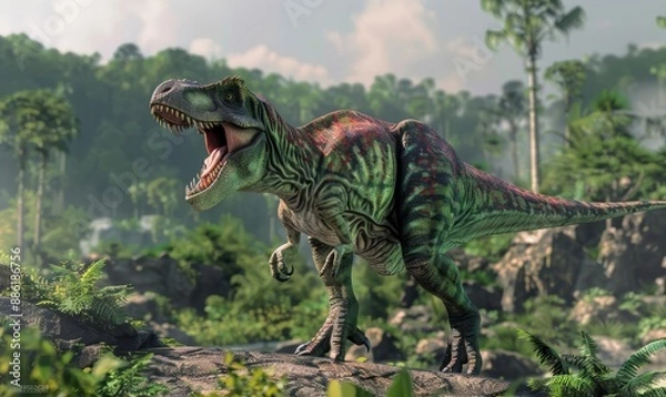 Fototapeta Ferocious Dinosaur in Verdant Jungle with Green and Red Color Scheme