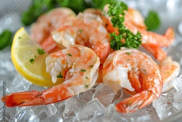Fototapeta Delicious steamed shrimp served chilled with tangy lemon slice on frosty platter