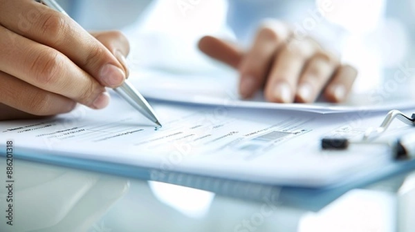 Fototapeta A close-up shot of a financial advisor's hands holding a pen and pointing at a tax document, while another hand is taking notes, with ample copyspace for text.