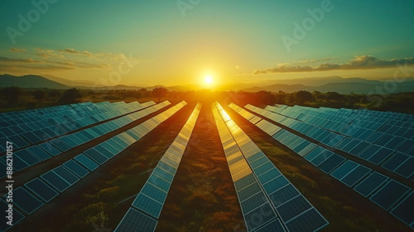 Fototapeta solar panels glistening under the radiant sun, symbolizing a clean energy future and the progression towards sustainable development in the era of energy transition and carbon-free electricity.
