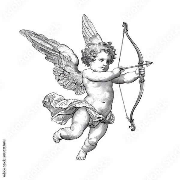 Fototapeta An adorable cherub flying with a bow and arrow. Woodcut engraving style illustration. Isolated.