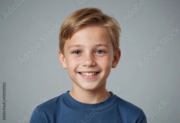 Fototapeta Portrait view of a regular happy smiling Estonia boy, ultra realistic, candid, social media, avatar image, plain solid background