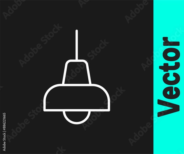 Fototapeta White line Lamp hanging icon isolated on black background. Ceiling lamp light bulb. Vector
