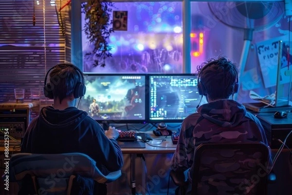 Fototapeta Two gamers playing a video game late at night
