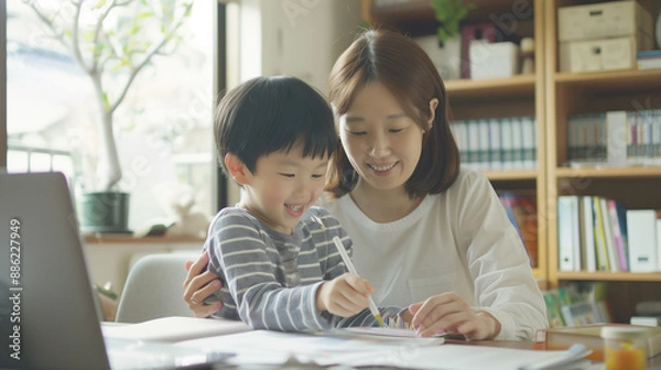 Fototapeta 笑顔の日本人の子供とお母さん