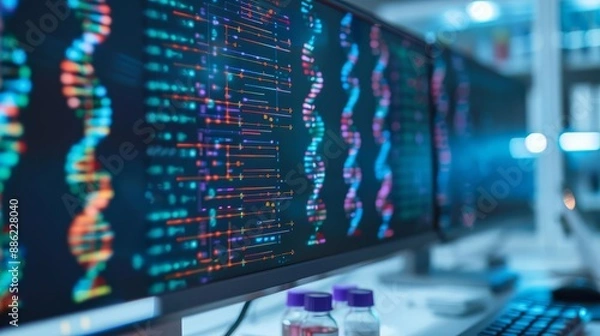 Fototapeta Holographic epigenetics research, advanced genetic studies, futuristic lab, biotechnology innovation