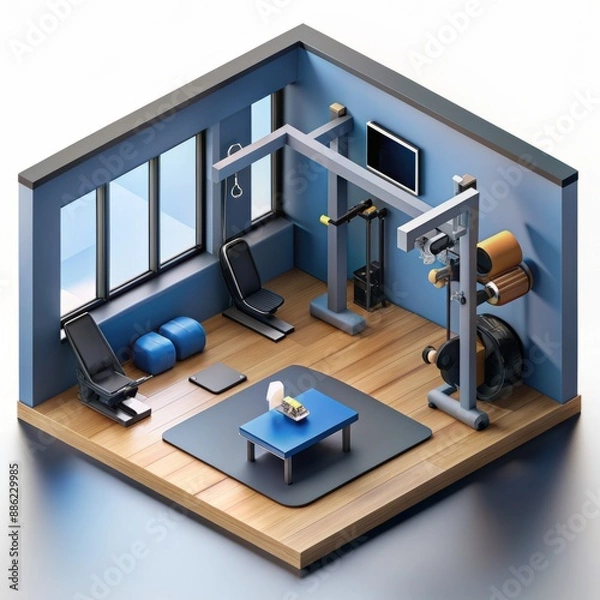 Fototapeta 3D Render of a high-tech home gym with cutting-edge exercise equipment, on isolated white background, Generative AI