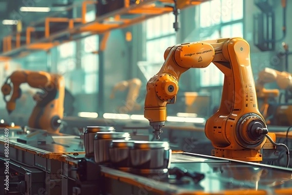Obraz The image should depict a robotic arm evenly applying paint to products on a production line, highlighting reduced material costs and improved coating quality. The background features a modern factory