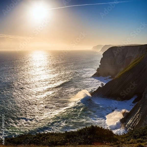 Obraz 夕日を望む大海と海岸線