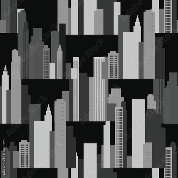 Fototapeta A monochrome pattern showcasing a city with buildings, rectangles all arranged in a seamless design. The black and white tones. Flat style vector