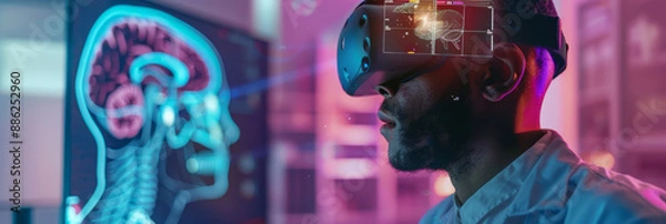Obraz A neurologist wearing augmented reality glasses analyzing a patient's brain scan in real time.