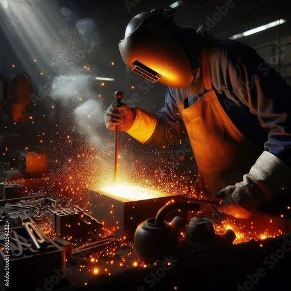 Fototapeta Welder in action with bright sparks flying, working on a metal piece in a dark workshop.