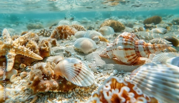Fototapeta Underwater photography of beautiful seashells and starfish on the sea bottom, close-up, light colors, high resolution,
