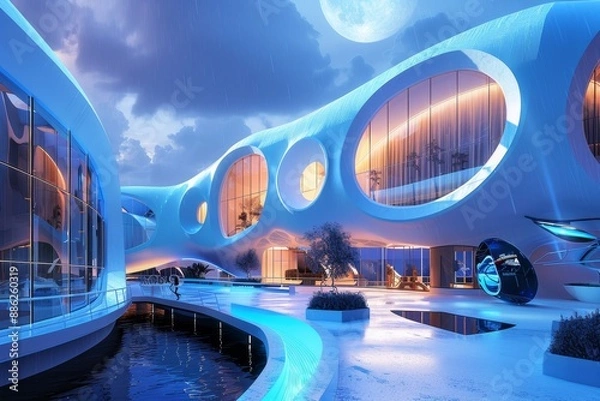 Fototapeta Futuristic Building With Pool, Create a futuristic school building equipped with advanced technology for virtual education