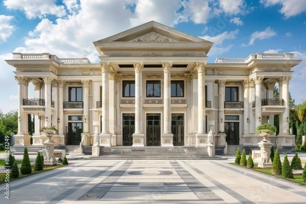Fototapeta A grand neoclassical structure with towering white columns and ornate pillars, Create a grandiose neoclassical building with ornate columns and symmetrical design