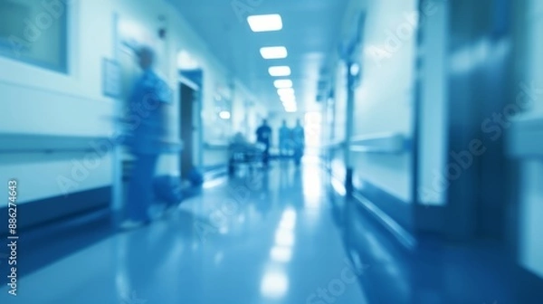 Fototapeta A blurred interior scene of a hospital or clinic corridor with diverse doctors in motion is suitable for medical and healthcare services.