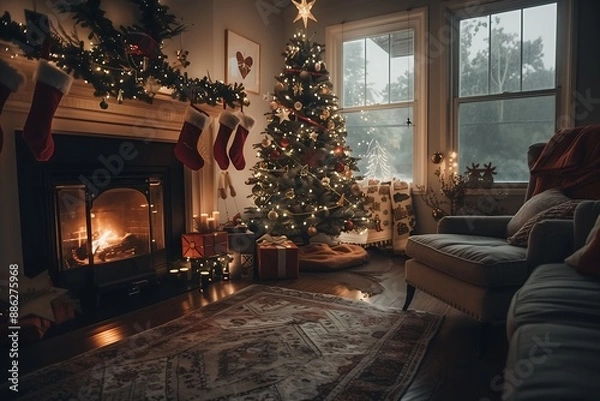Fototapeta fireplace with christmas tree interior generative art
