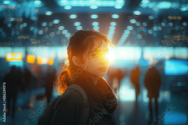 Fototapeta A person attending a job fair, hoping to secure employment.A woman is standing in a crowded room with the sun shining on her face