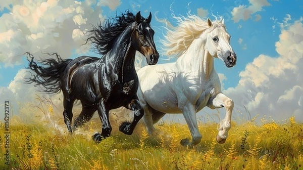 Fototapeta Two horses, one black and one white, run side by side in a field.