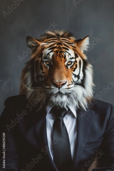 Fototapeta animal tiger jungle concept Anthromophic friendly wearing suite formal business suit pretending to work in coporate workplace studio shot on plain color wall