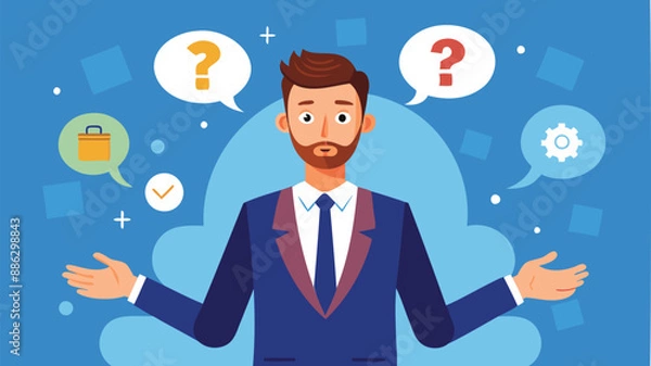 Fototapeta Confident Businessman Speaking Question Mark, Seeking Answers and Support for Work Problems