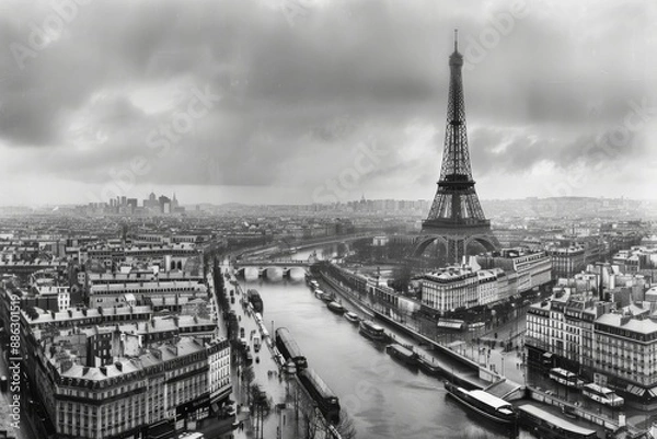 Fototapeta Panoramic Black and White Photograph of Paris in the Early 20th Century Featuring the Eiffel Tower and Seine River
