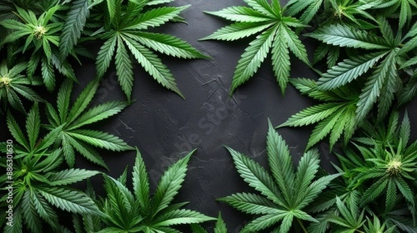 Fototapeta Circular cannabis leaf frame for text placement, ideal for medical marijuana content with hemp theme