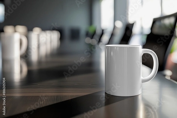 Fototapeta White mockup mug in a meeting room. Natural light. Side view. Copy space for text