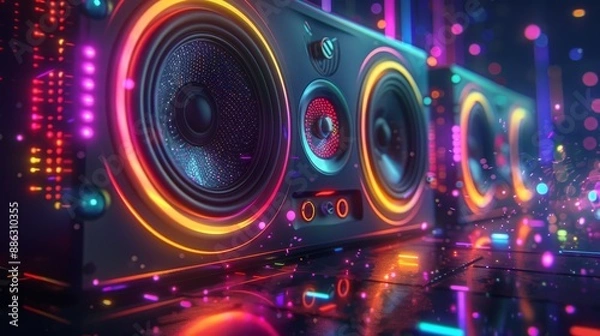 Fototapeta Close-up of vibrant dynamic neon speakers in a darkness. Music awards, parties, entertainment events