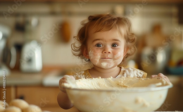 Fototapeta A happy toddler playing with a bowl of flour in a kitchen.