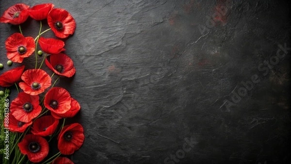 Fototapeta Victory in Europe Day postcard with poppies on black background, Victory in Europe Day, V-E Day, postcard