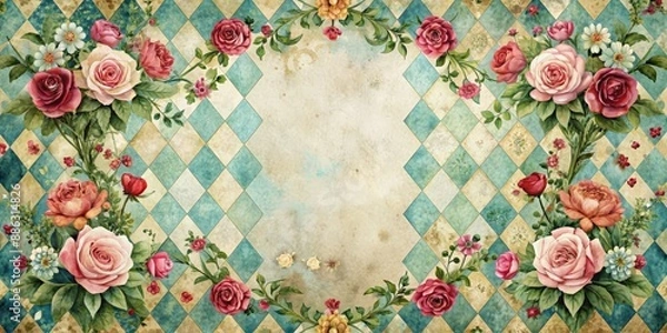 Obraz Alice in Wonderland inspired watercolor floral frame on grunge diamond Victorian background, watercolor, floral