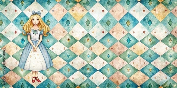 Fototapeta Whimsical watercolor Alice in Wonderland pattern on grunge diamond Victorian background, watercolor, seamless